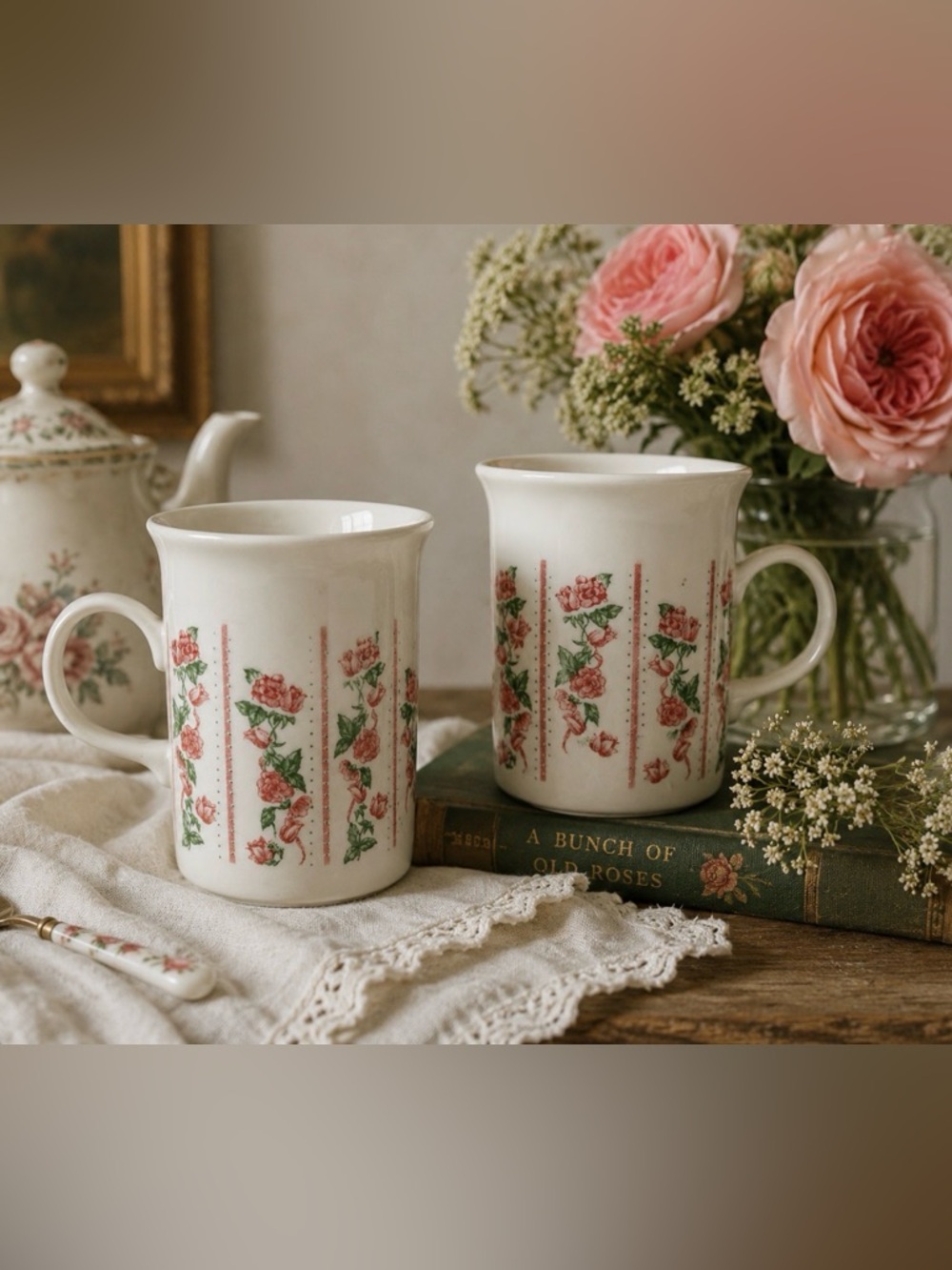 Vintage Churchill England Floral Coffee Mugs Set of 2 Pink Rose Cottagecore